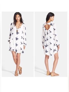 Free People Austin Swing Dress XS White Blue Embroidered Open Back